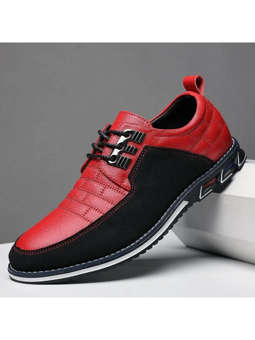 Men's Red & Black Grid Textured Two-tone Flexible Derby Oxfords Dress Sneakers